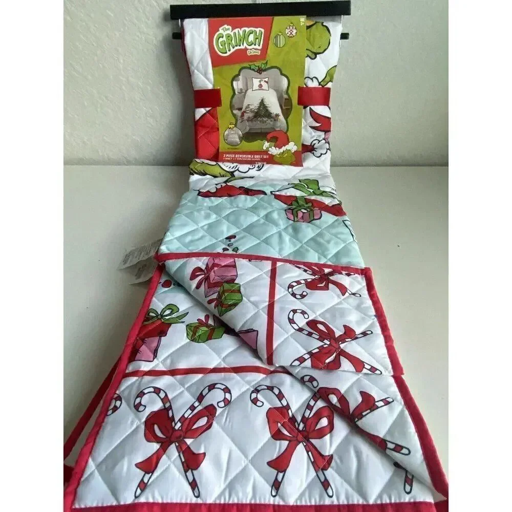 2 Piece Dr Seuss The Grinch Quilt Set TWIN Size Reversible Bedding Christmas NEW